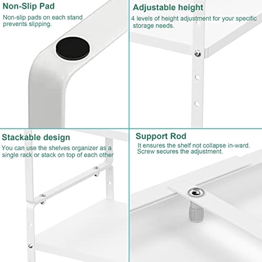 iPEGTOP Expandable Cabinet Storage Shelf Organizer Rack, Heavy Duty Steel Metal Spice Rack Adjustable Height Home Office Pantry Shelf Space for Counter Kitchen Organization, White, Medium