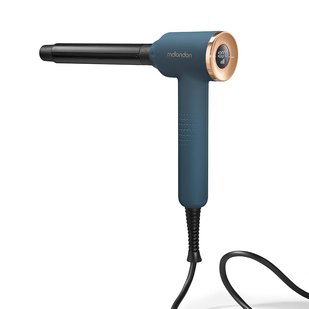 mdlondon CURL Hair Curling Wand (Casal Blue). 4-in-1 Hair Curler with 10mm, 25mm, 32mm & Reverse Conical Barrels. Hair Waver with 14 Heat Settings,