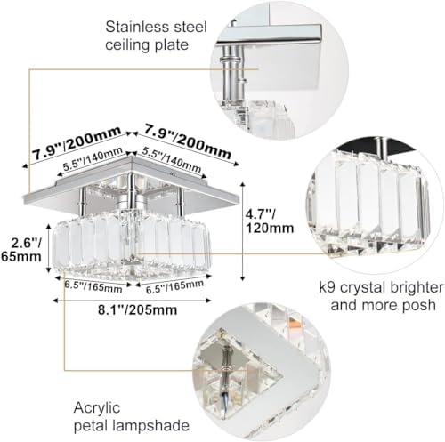 diisunbihuo Mini Crystal Chandelier Big Crystal Ceiling Lamp Square LED Pendant Light for Hallway Bedroom Dining Room (Dimmable)