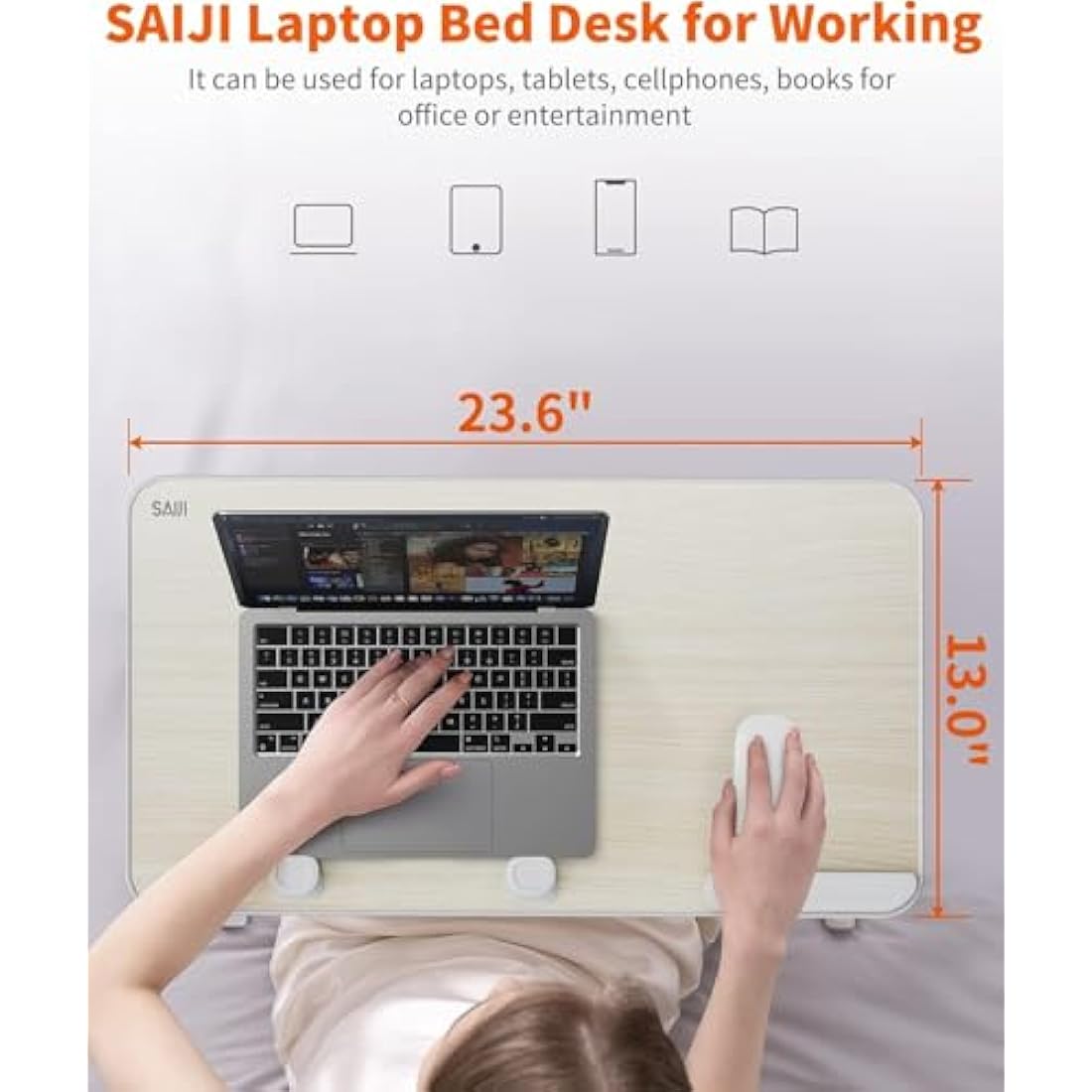 SAIJI Adjustable Laptop Stand, Bed Tray Table, 5 Heights, 4 Angles, Stable Folding Desk for Bed & Sofa, Fits up to 17'' Laptop (60 * 33cm Teak)