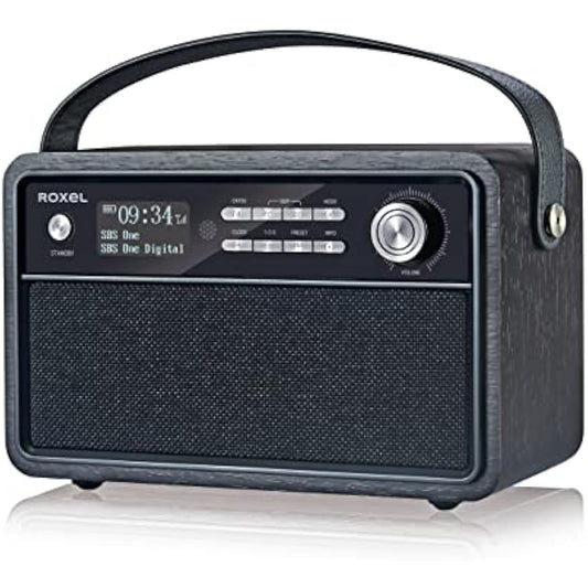 Roxel Retro D1 Vintage DAB+/FM Radio Wireless Speaker | Bedside Alarm Clock with Sleep Function. Rustic Exterior, Mains and USB Rechargeable, TF card, AUX and USB Compatible (Black)