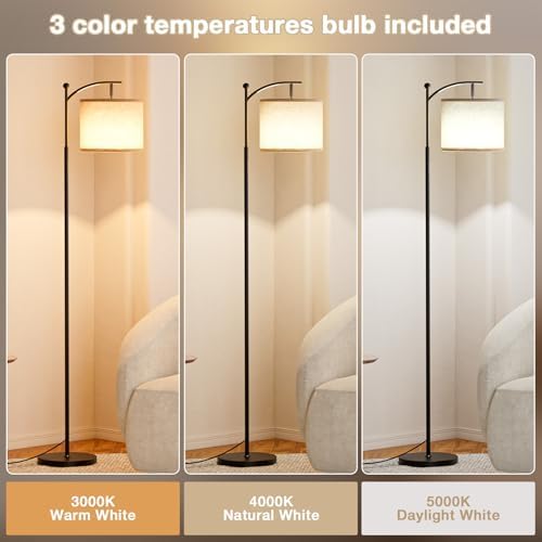 Aooshine Floor Lamps for Living Room, 60" Modern Arc Standing Lamp with 3 Color Temperatures, Beige Lampshade & Foot Switch, Standard Corner Lamp for Bedroom Office Dorm Room(9W Bulb Included)