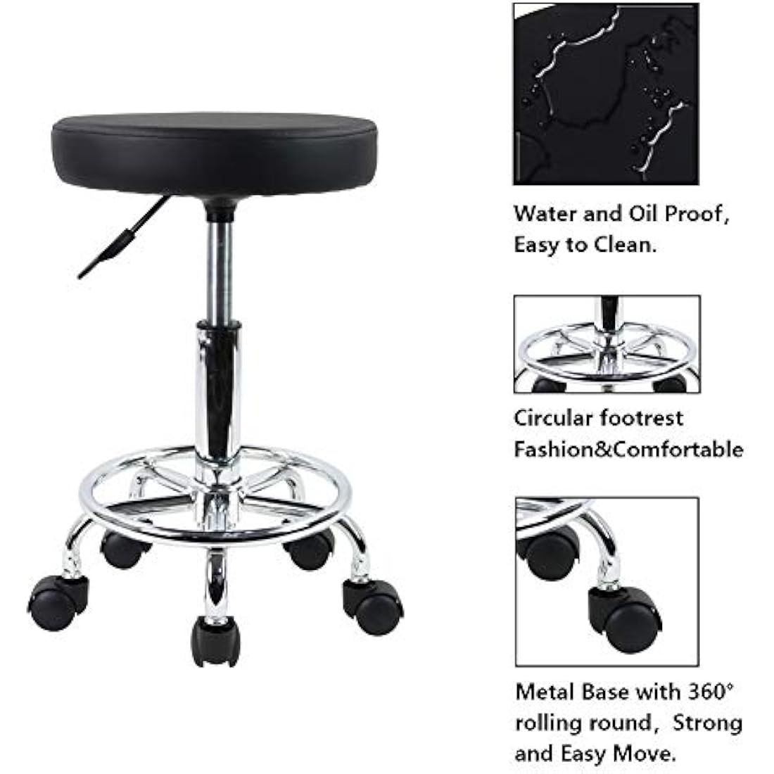 KKTONER PU Leather Round Rolling Stool with Foot Rest Swivel Height Adjustment Spa Drafting Salon Tattoo Work Office Massage Stools Task Chair Small (Black)