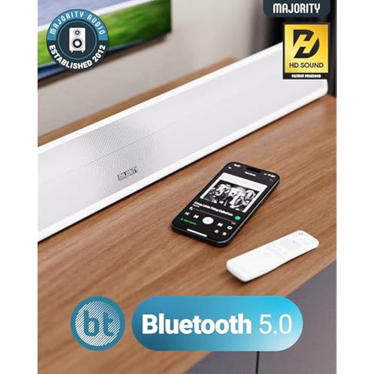 MAJORITY Snowdon | Bluetooth Sound Bar for TV | Built-in Subwoofer | 120 Watts 2.1 Channel Sound | RCA, Optical, and AUX Connection | Wall Mountable | 81 CM | Remote Control Included (White)
