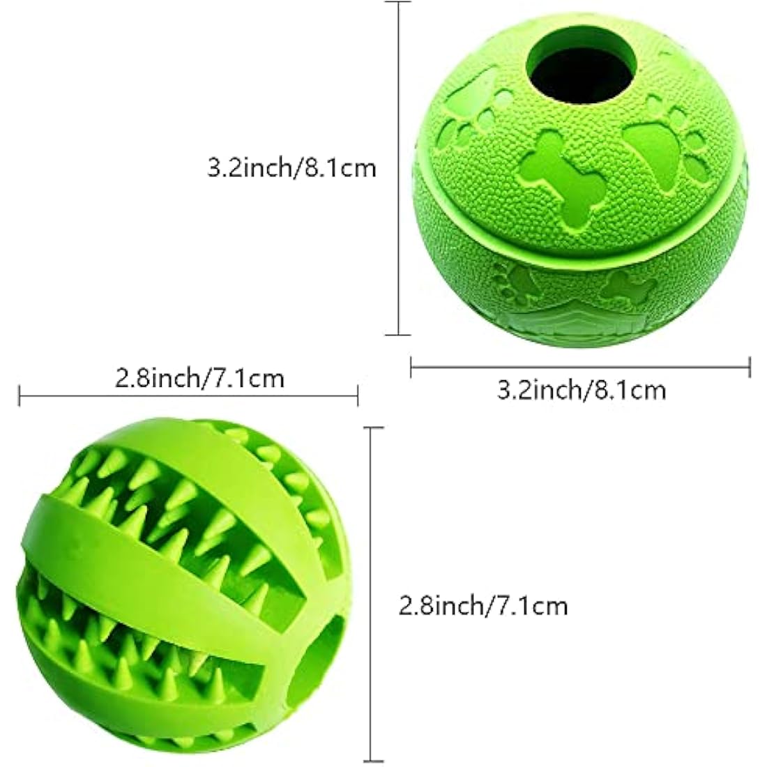 Feixun Dog Treat Toy Ball, Rubber Dog Food Ball,Dog Tooth Cleaning Toy Ball, Interactive Dog Toys 7.6-8.1cm (1*Green Type A + 1* Green Type B)