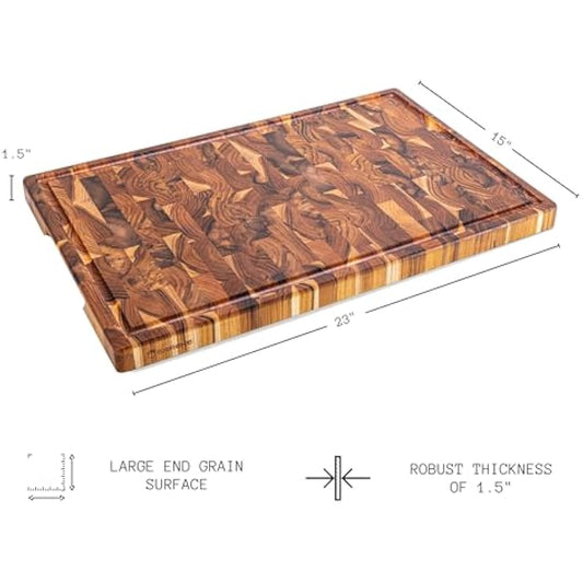 Erreke Wooden Chopping Boards, End Grain Extra Large Teak Wood Chopping Board, Non-Slip Feet, Ideal for Kitchen or Barbecue, Serve or Chop Food Meat Cheese Bread, 58 x 38 x 3.2 cm (with Juice Groove)