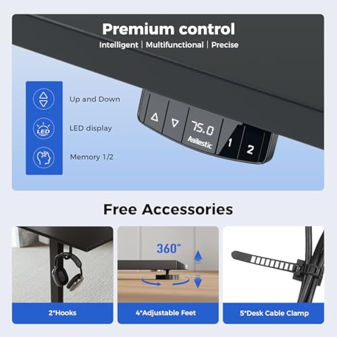 Agilestic Electric Standing Desk, 100 x 60 cm Height Adjustable Sit Stand Desk with Splice Board and Memory Smart Pannel, Home Office Desks, Black