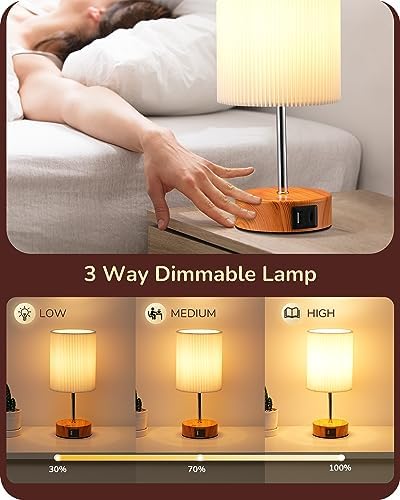 EDISHINE Bedside Lamps Set of 2, Touch Table Lamps with 2 USB Ports, Pleated Fabric Shade, 3 Way Dimmable Lamp for Bedroom, Living Room, Home Office, Wood (Bulb Included)