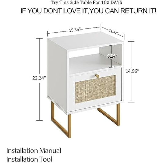 HEYZOEY Rattan Bedside Table,Modern Boho Farmhouse Wood Nightstand with Storage Drawer and Open Shelf,Small Gold Frame Side Table for Bedroom,Living Room,Office(White)
