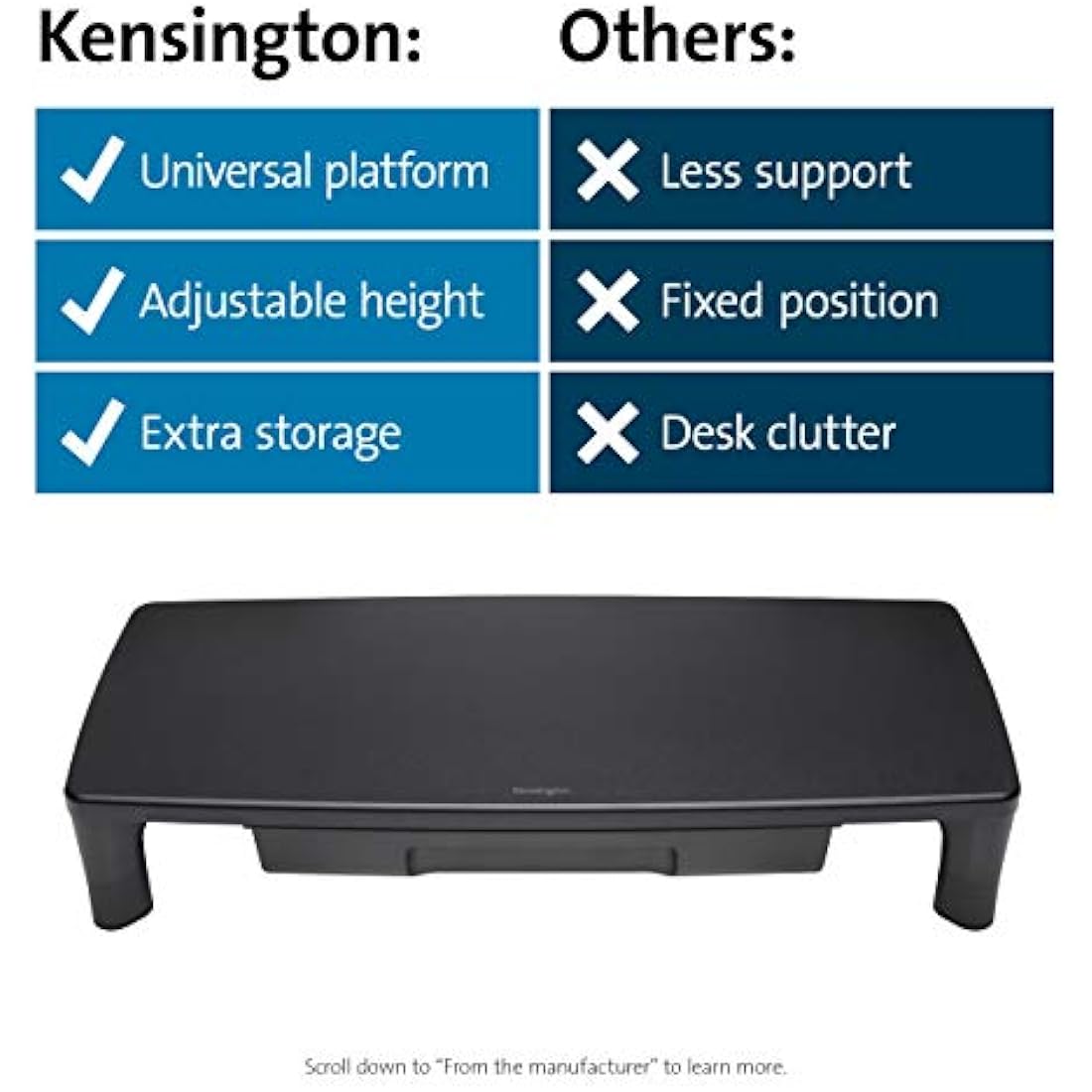 Kensington SmartFit Monitor Stand with Drawer for your Home Office - Monitor / PC riser with Desk Storage for Desk Accessories (K55725EU)