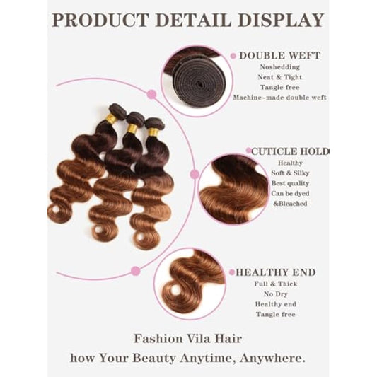 2 Tone Ombre Brazilian Body Wave Hair 3 Bundles Brazilian Remy Virgin Human Hair Weave Bundles 100% Unprocessed Body Wave Human Hair Extensions T4/30 Medium Brown/Medium Auburn(14 16 18)