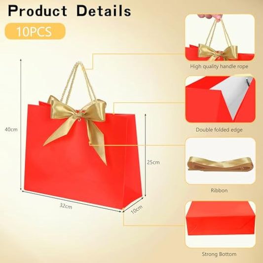 10pcs Gift Bag With Gold Ribbin Luxury Paper Party bag With Handles For Wedding Birthday Baby Shower Halloween Christams((32 * 25 * 10cm) (Red)