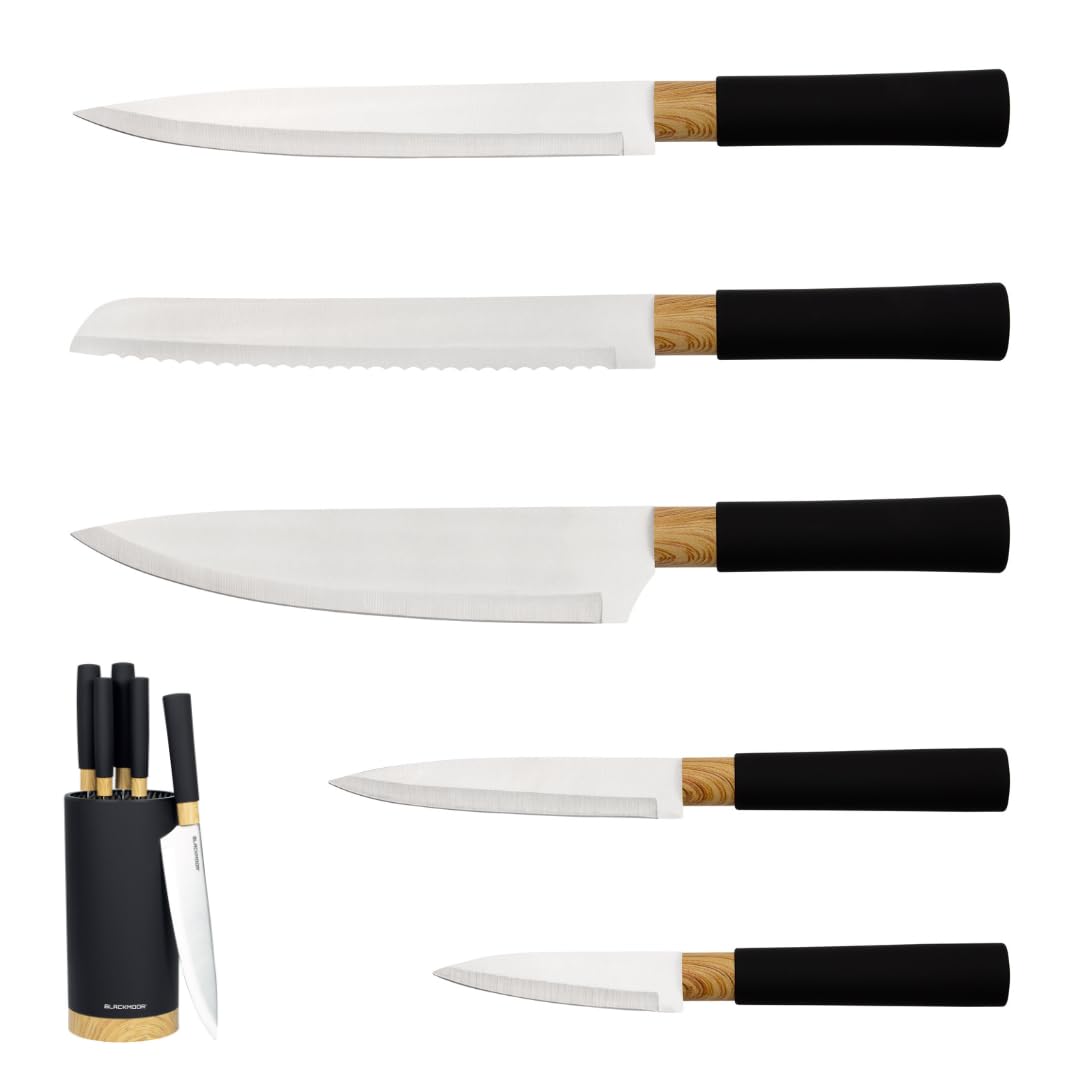 Blackmoor Orb 5 Piece Knife Set with Storage Stand/Stainless Steel Knives with Soft Grip Handles & Brushed Steel or Wood Detail/Easy Clean Essential