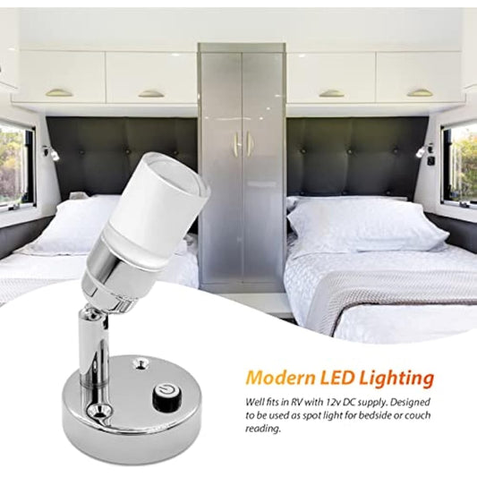 Dream Lighting 2 x 12v Reading Light Cool White - 6000K 2W 100LM with Blue Night Lighting - Wall Sopt Lights for Caravan Campervan Motorhome Boat - Chrome Plated Housing with Clear Acrylic Lampshade