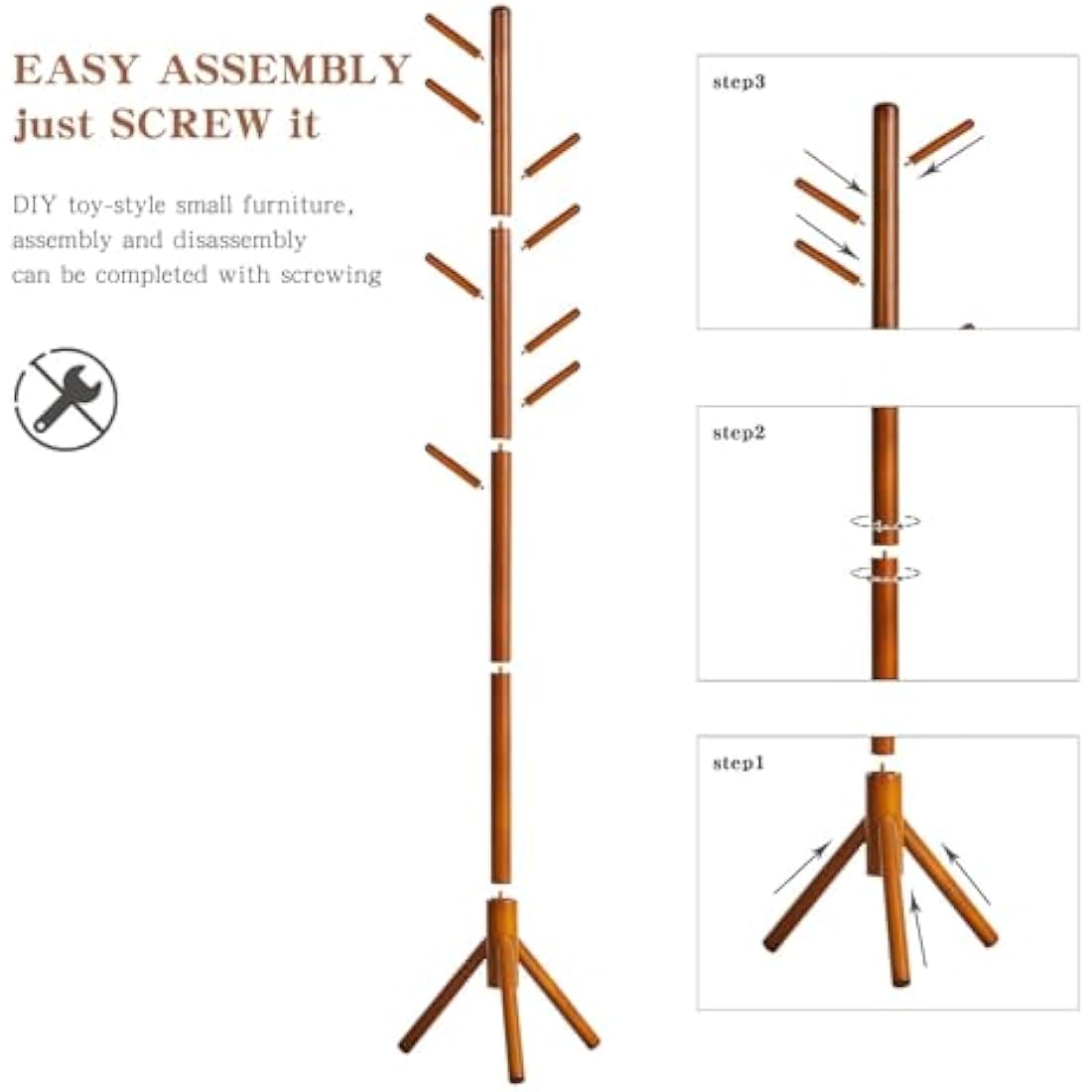 Aibiju Coat Rack Free Standing, Coat Tree With 8 Hooks and 3 Height Options, Wood Coat Hanger Stand, Suit for Adults,Kids, Home/Entryway/Hallway (Brown),YD-1006