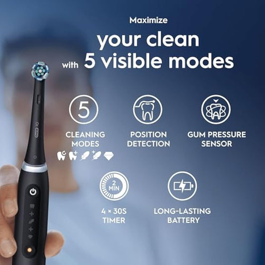 Oral-B iO5 Electric Toothbrushes For Adults, 1 Toothbrush Head & Travel Case, 5 Modes With Teeth Whitening, UK 2 Pin Plug, Black