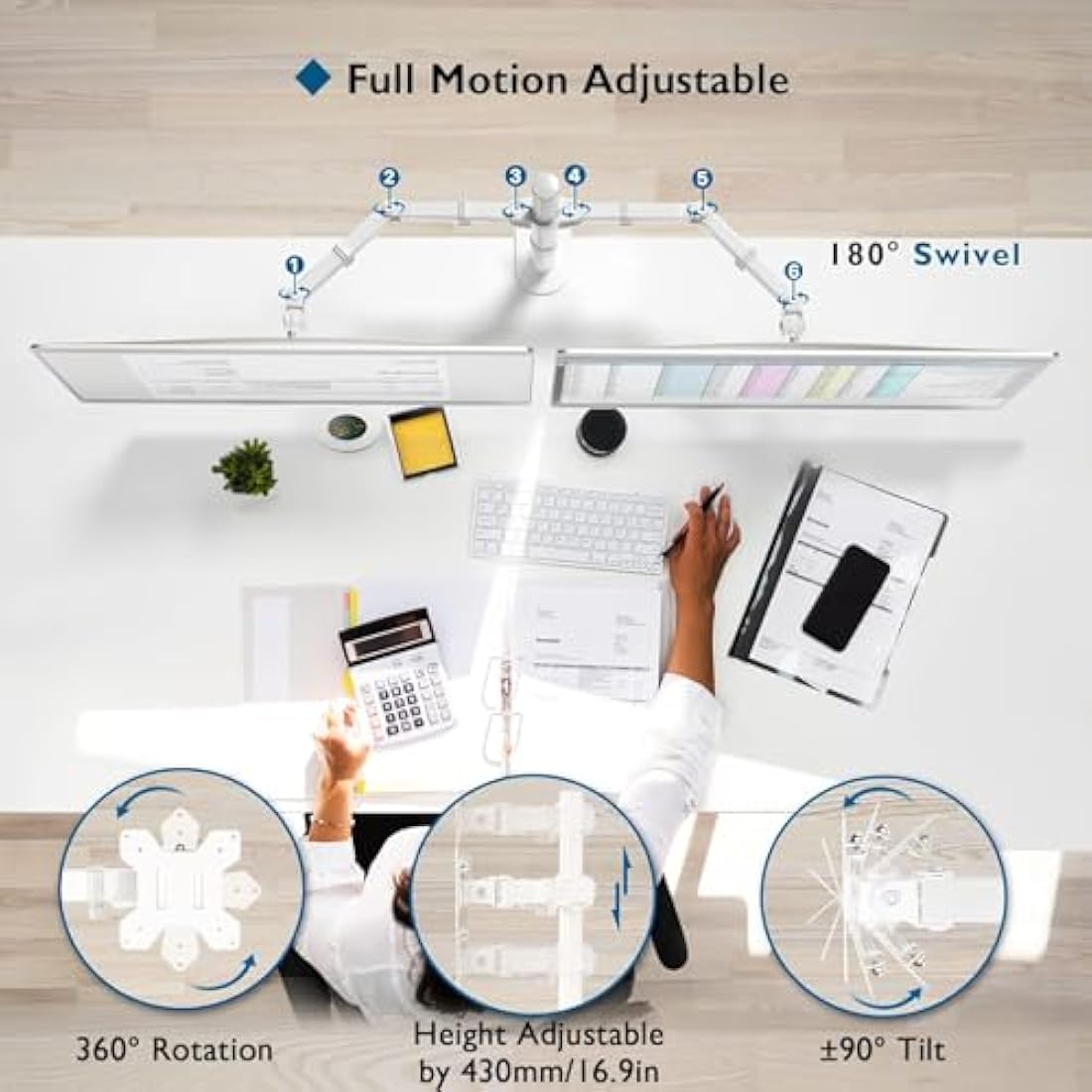 BONTEC Dual Monitor Stand for 13-27 inch Screens, Ergonomic Double Dual Monitor Desk Mount, Height Adjustable Arm Desk Mount Tilt 90° Swivel 180° Rotate 360°, VESA 75/100 White