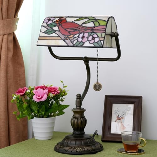 Blivuself Northern Cardinal Bird Tiffany Bankers Desk Lamp Stained Glass Table Lamp Vintage Bedroom Bedside Office Study Pull Chain Reading Desk Light Gift Nightstand Aesthetic Antique Desklamp