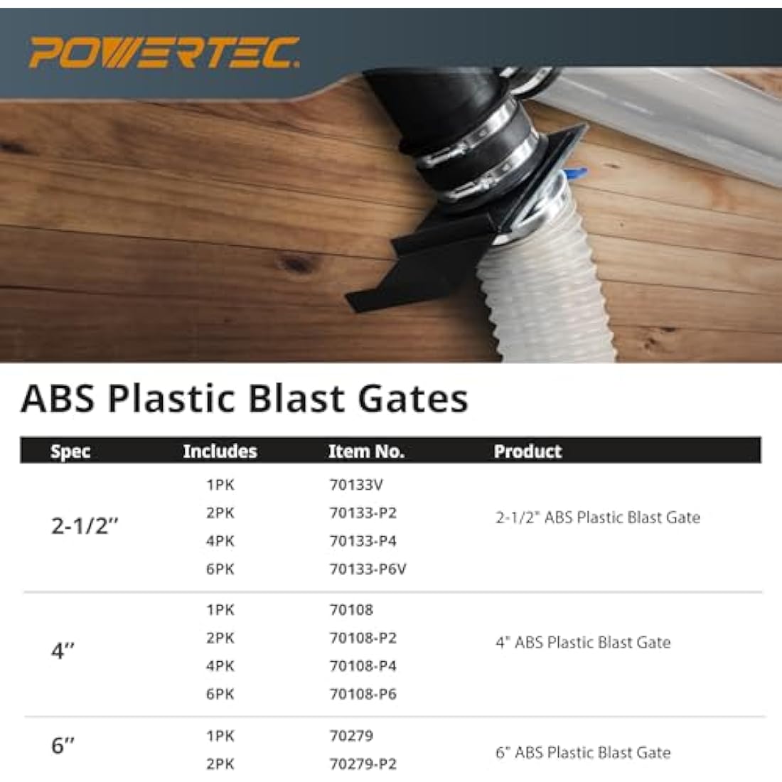 POWERTEC 70133-P6V 2-1/2-Inch Blast Gate for Dust Collector, Dust Collection Fittings, 6 PK
