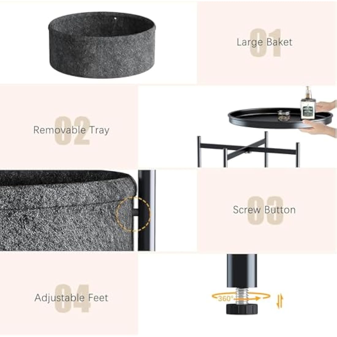 Huhote Side Table, Round End Table with Fabric Basket, Small Bedside Tables, Nightstand Sofa Tables for Living Room, Bedroom, Bathroom, Balcony, Modern Style (Black)