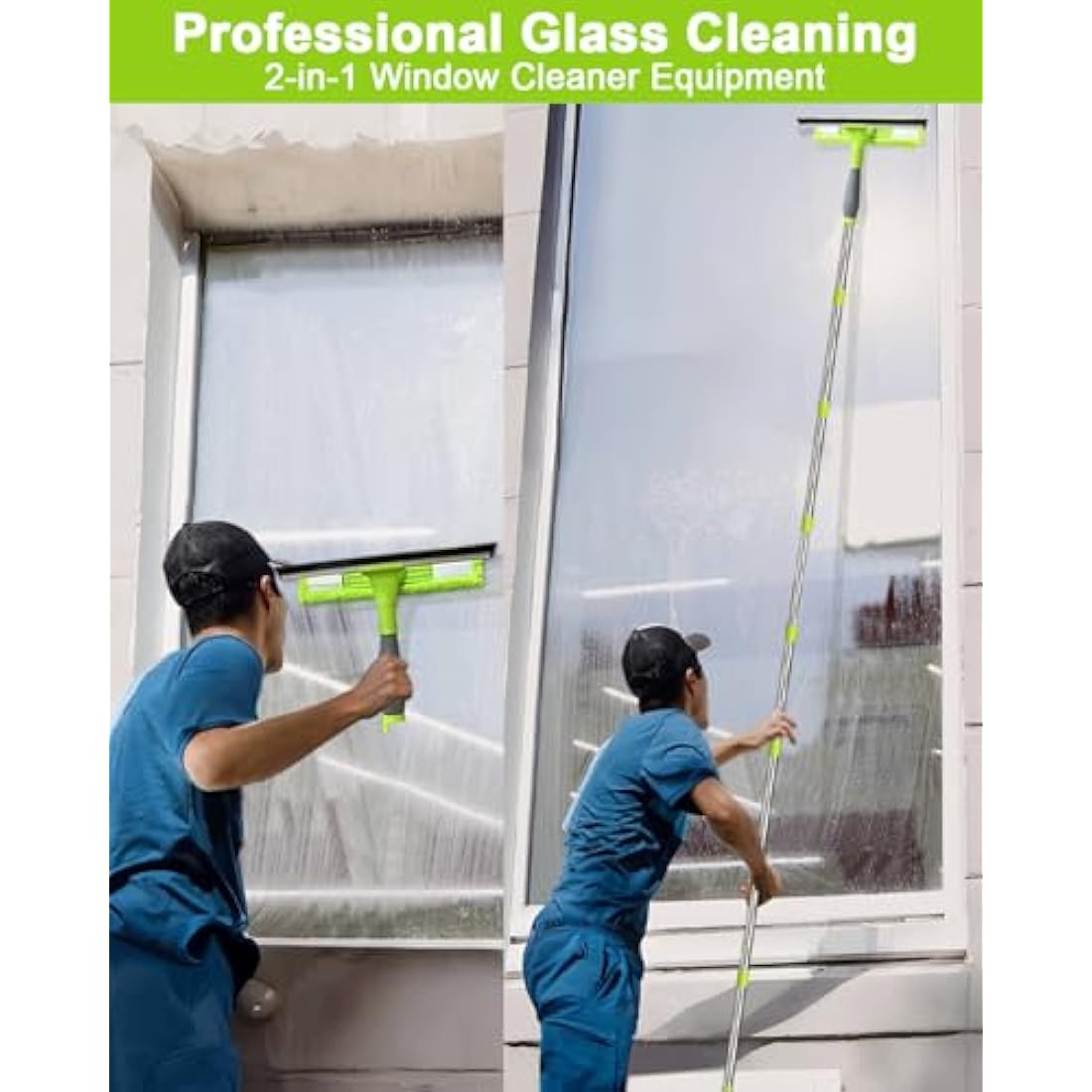 3.6 Meters Window Cleaning Kit Extra Long 2in1 Cleaner Equipment, Professional Window Squeegee Glass Cleaning Tool with Spare Microfiber Cloth Squeegee Strips, Screw-on Type