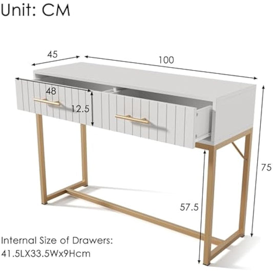Merax Modern Desk with Drawers 2, Dressing Table with Ribbing Drawer Fronts, Wooden Vanity Desk, Golden Metal Legs, Makeup Desk Storage Table for Bedroom Living Room, White, 100 x 45 x 75cm