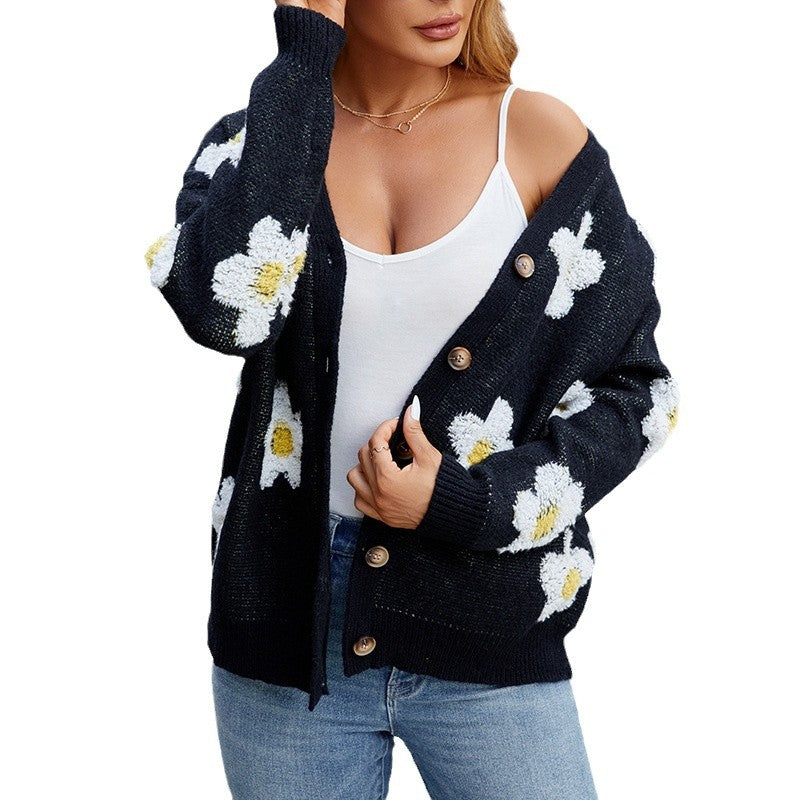 European And American Women's Clothing Three-dimensional Flower V-neck Knitted Cardigan Sweater Coat