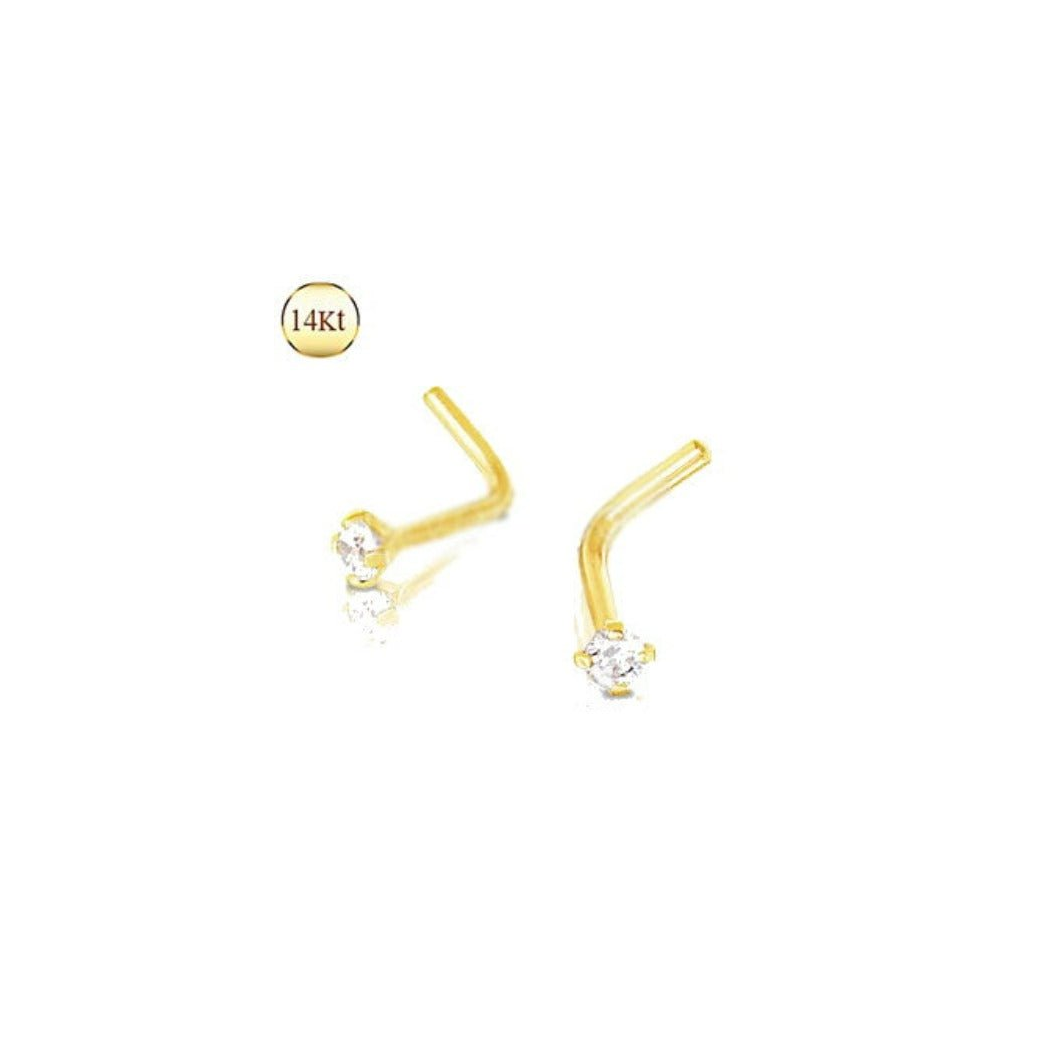 14Kt Yellow Gold Prong Set Clear CZ L Bend Nose Ring