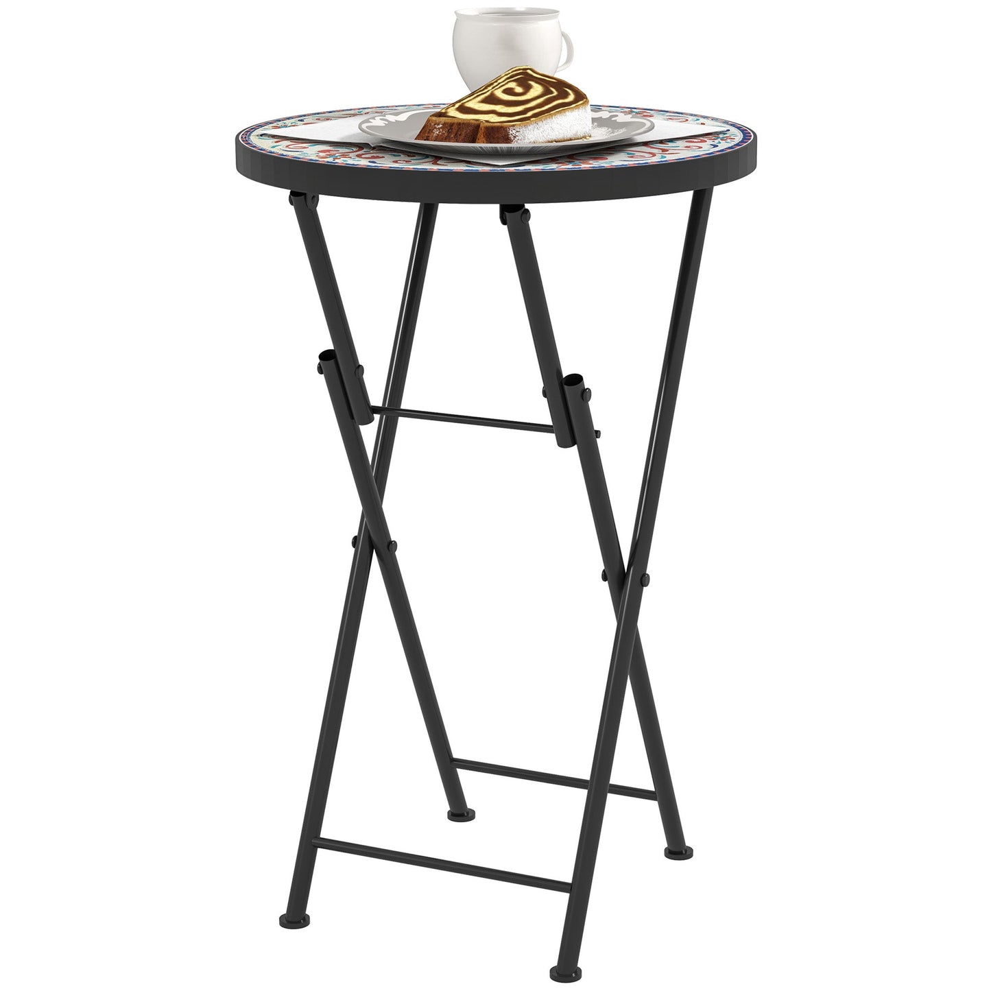 Outsunny Mosaic Outdoor Garden Table, 35.5cm Round Folding Coffee Table with Metal Frame for Balcony Terrace, Multicolour