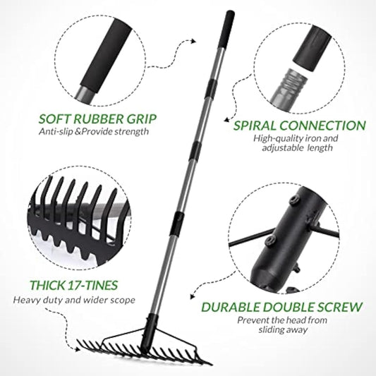 Walensee 165cm/5.4FT Heavy Duty Garden Rake with Stainless Steel Handle, 17 Steel Tines Metal Dual-Head Garden Rake Tool, for Loosening Soil Gathering Leaf Leveling Lawn Farming Land Yard Thatch Rake