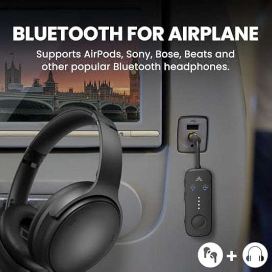 Avantree Relay - Airplane Bluetooth 5.3 Adapter with Qualcomm aptX Adaptive, Supports 2 AirPods or Headphones, 20H Playtime, 3.5mm AUX Jack Wireless Audio Transmitter for Planes, Airline, Travel