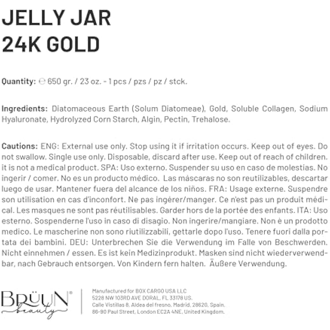 BRÜUN Peel-Off 24K Gold Jelly Mask for Face Care – A 23 fl oz Rubber Mask Jar for 30 to 35 Treatments – A Skin Care Moisturizing Gel Mask of Spa Set for Men, Women and Adults