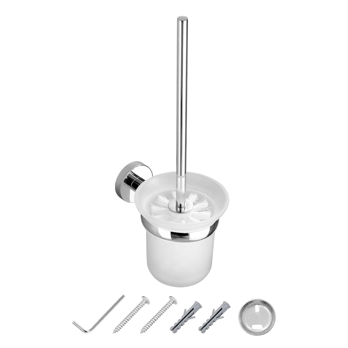 JASSFERRY Wall Mounted Toilet Brush and Holder Bathroom Mount Chrome Loo Brushes & Holders Set, Frosted Glass Tumbler