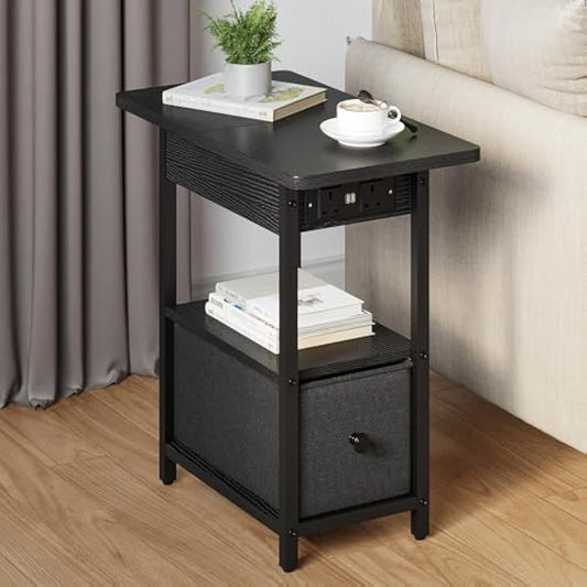 YITAHOME Narrow Side Table with Charging Station, Black Slim Side Table with Storage End Table with Drawers, Bedside Table with USB Ports Outlets Sofa Table Nightstand for Living Room, Bedroom