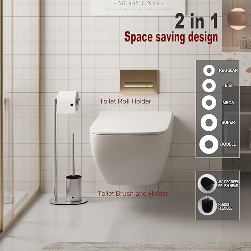BVL Toilet Roll Holder with Toilet Brush Brushed, Stainless Steel Free Standing Toilet Brush, Toilet Brush and Toilet Paper Holder