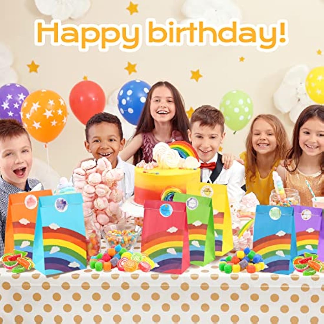 40 PCS Paper Party Bags for Kids, TOOELMON Rainbow Paper Gift Bags Candy Goodie Treat Bags with Stickers for Birthday, Picnic, Wedding Parties (130 * 80 * 240mm,Rainbow-40pcs)