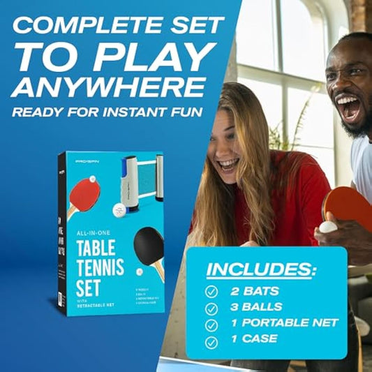 PRO SPIN Portable Table Tennis Set | Premium All-in-One Kit with Retractable Table Tennis Net for Any Table, Bats, 3-Star Ping Pong Balls & Storage Case | Great Gift & Indoor/Outdoor Game
