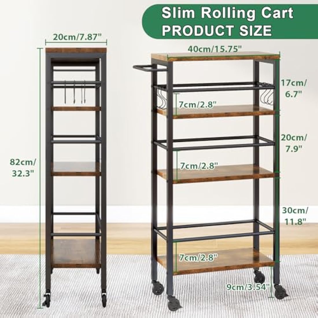 IBUYKE Slim Rolling Cart,4-Tier Metal Kitchen Storage Trolley,Trolley cart on Wheels for Narrow Space,with Handle and Wooden Tabletop,for Kitchen, Dining Room,Laundry Room,Rustic Brown TMJ065H