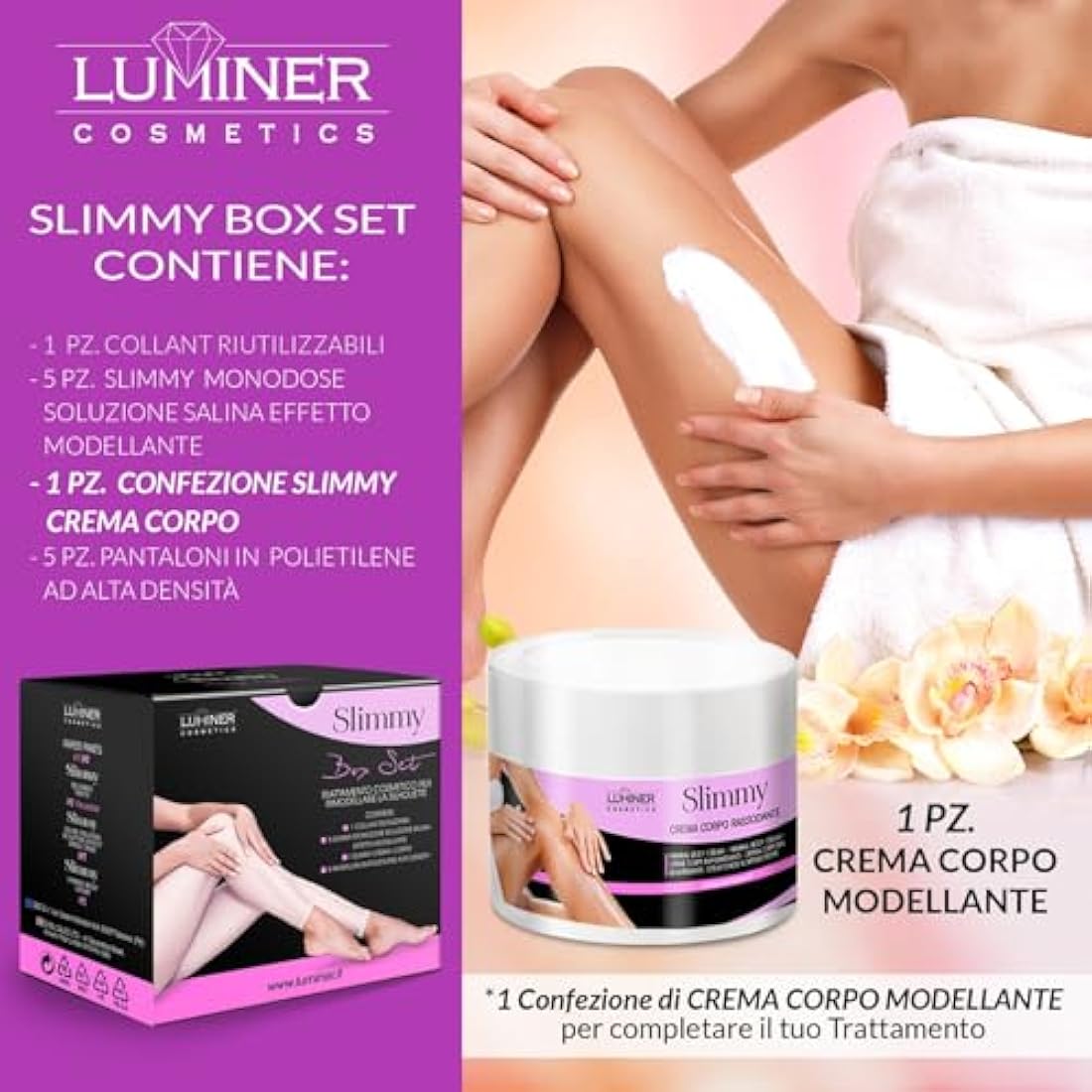 LUMINER Slimmy Box Set with 5 Treatments Reusable Anti-Cellulite Draining Tights with Dead Sea Salt, Cartene Trousers and Anti-Cellulite Cream for Legs and Buttocks - INCI of Natural Origin