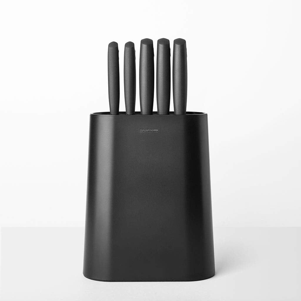 Brabantia Tasty+ 5 Knives Knife Block with Dark Grey Handled Knives & Slotted Countertop Organiser - 6-Piece Set Includes Chef, Bread, Carving,