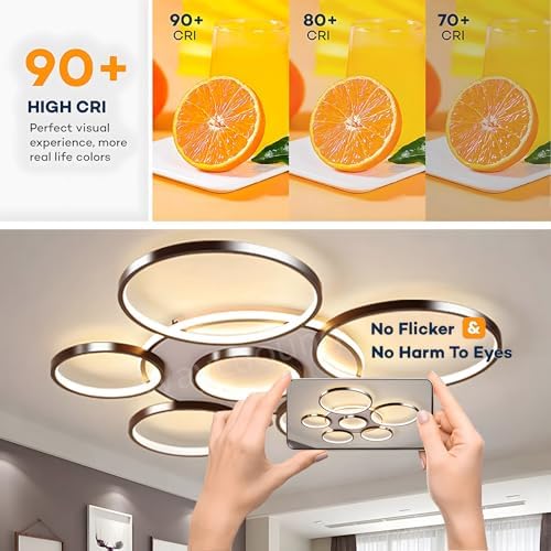 LED Ceiling Light | Modern 7-Rings Living Room Ceiling Lamp | black Round Circle 120W/Ø110cm | Bedroom Ceiling Lamps Fixture | 2800K-6000K Dimmable With Remote Control | Restaurant Indoor Ceiling Lamp
