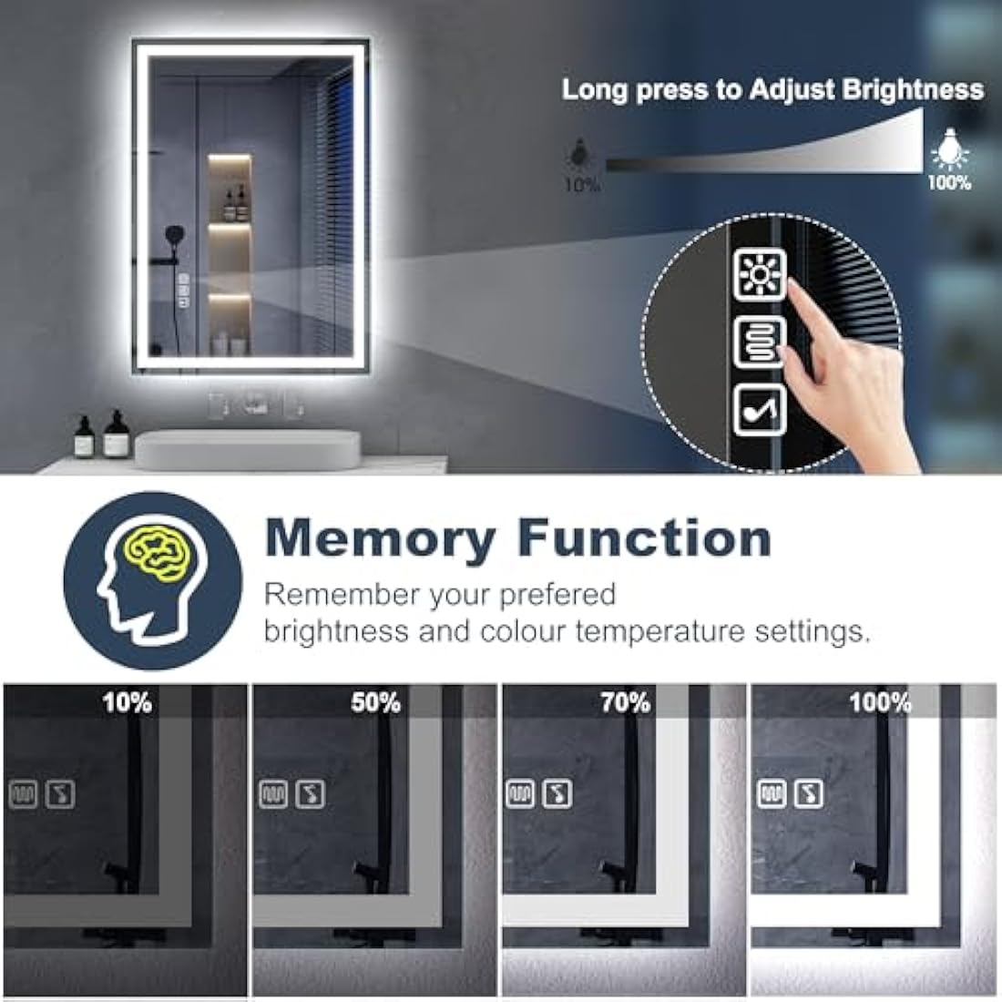 S'bagno Bluetooth-Bathroom-Mirror-with-LED-Lights 700x500mm, LED-Bathroom-Mirror with Defogging Mat, 3000K-6500K, Dimmable, Memory, HD Tempered Glass, IP44 Waterproof, Horizontal/Vertical