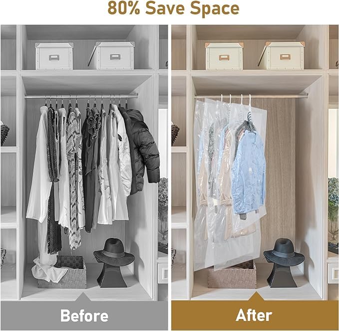 Hanging Vacuum Storage Bags, GQC 4 PCS Space-saving Vacuum Bag for Clothes, Suits, Dresses, Coats or Jackets
