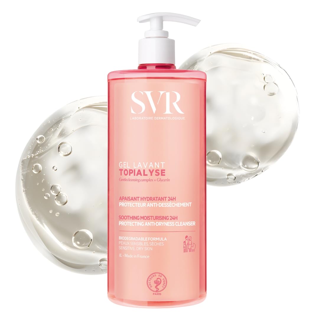 SVR TOPIALYSE 24hr Hydrating Soothing Gentle Face + Body Gel Wash, Classic Protective Bath/Shower Cleanser for Dry-Sensitive Skin. Opthalmologically,