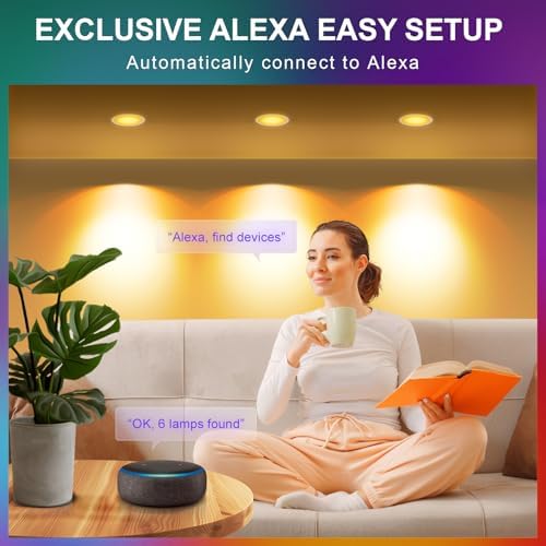 VARICART Smart LED Downlights for Ceiling Alexa, 10W Bluetooth RGB Colour Changing Spot Lights 2700K-6000K, Dimmable Recessed Ceiling Lights, APP Control for Living Room Bedroom Kitchen, 6 Pcs