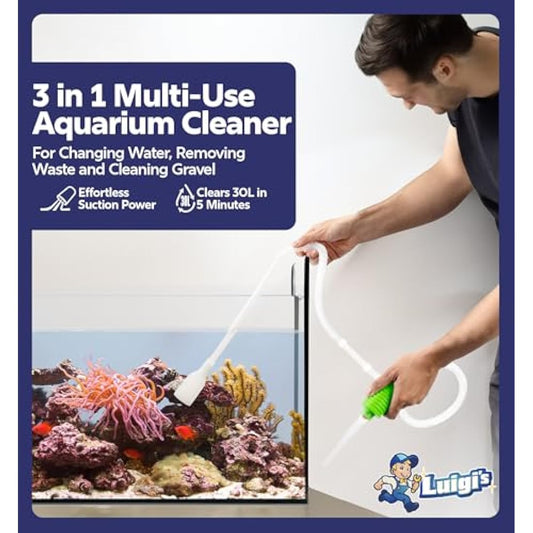 Luigi's Syphon Fish Tank Cleaner for Aquarium - Filtered Hand Vacuum Syphon Pump - 3-in-1 Water Changer and Gravel Washer for Fish Tank - Fish Tank Cleaning Kit