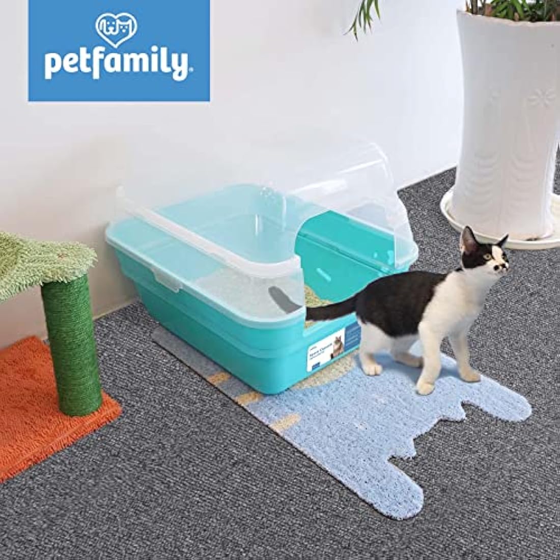 Petfamily 3in1 Large Cat Litter Tray Box with Hood Lid - Teal Plastic Tray, Sturdy & Easy to Clean, 55x45x44cm