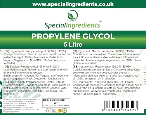 Mono-Propylene Glycol (MPG) 5 Litre Premium Quality USP/EP Pharma Food, Non GMO Recyclable Container