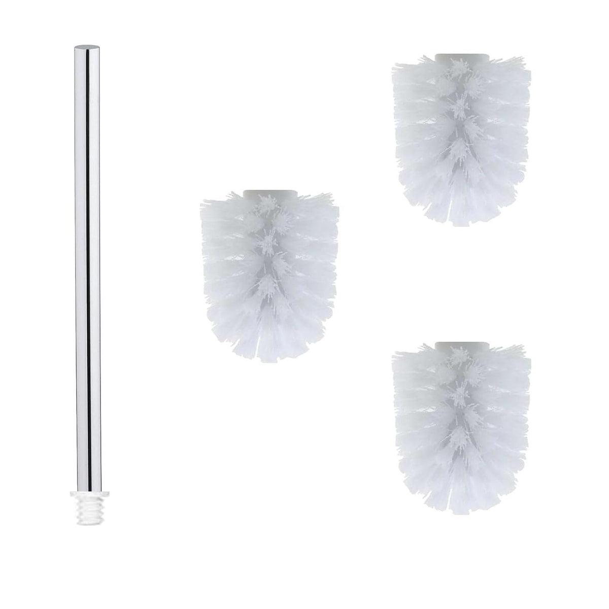 WAVEWO Stainless Steel Toilet Brush Set - 3 x Interchangeable Heads Diameter 7 cm + 1 x Rustproof Handle 27 cm - Interchangeable & Durable (White)