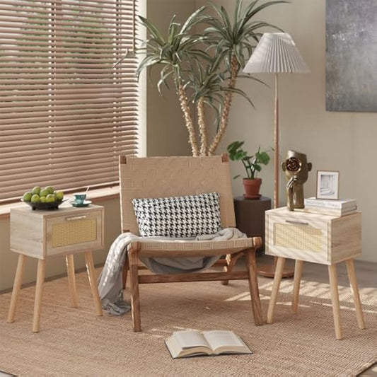 YMYNY Nightstand Set of 2, End Table, Small Bedside Table, Handmade Rattan Decorated Drawer, Solid Wood Legs, 35×27×53cm, Modern Side Table for Bedroom, Living Room, Natural HST010N-2